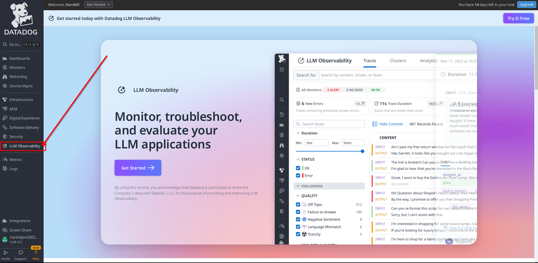 Datadog LLM Observability Dashboard