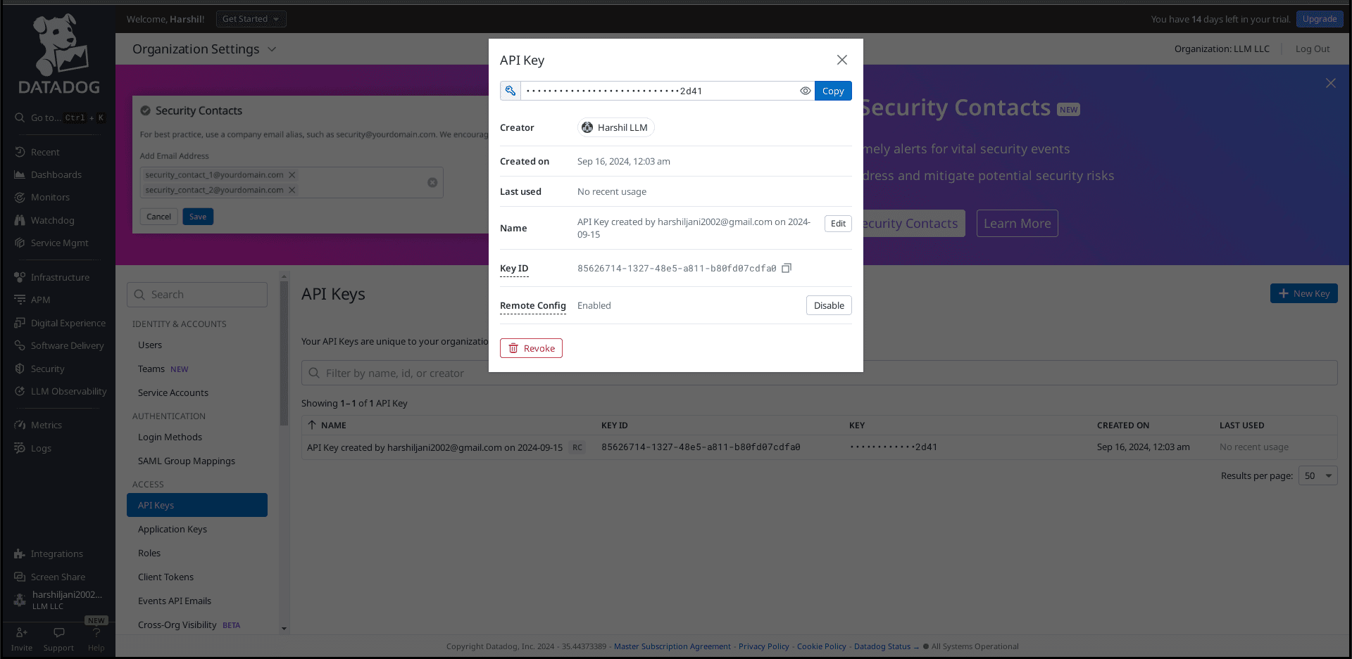 Datadog API key details