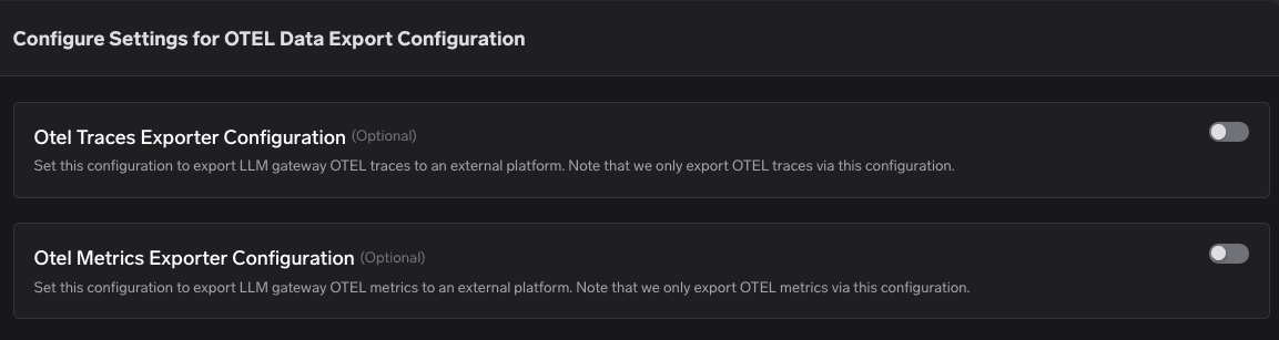 TrueFoundry OTEL Data Export Configuration page