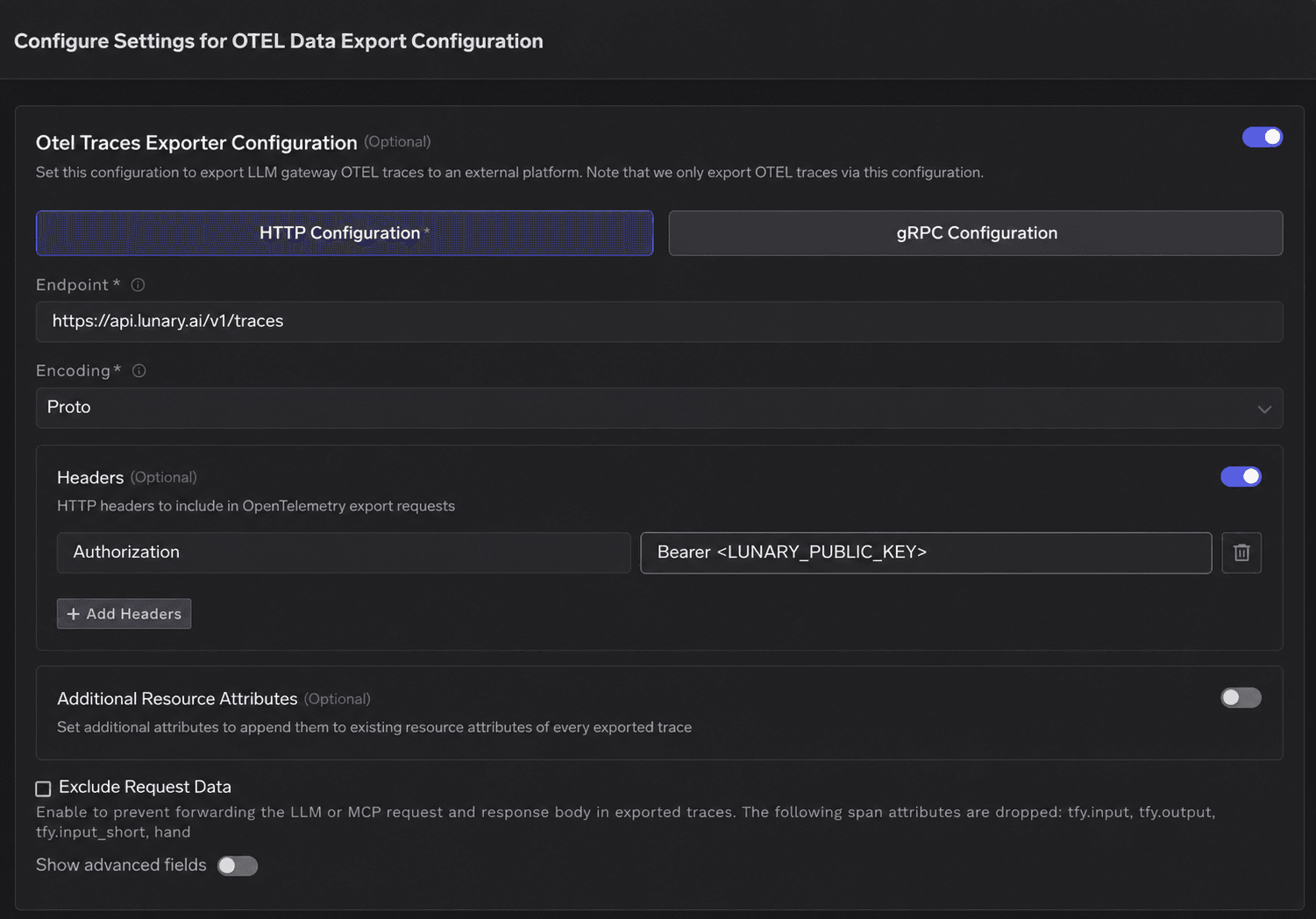 HTTP Configuration with endpoint, encoding, and authorization header